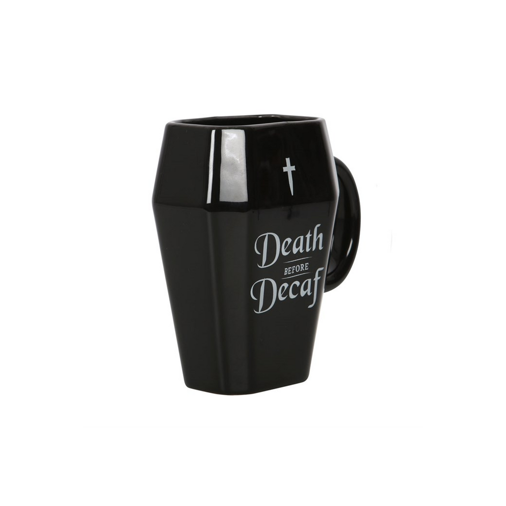 Death Before Decaf Coffin Mug