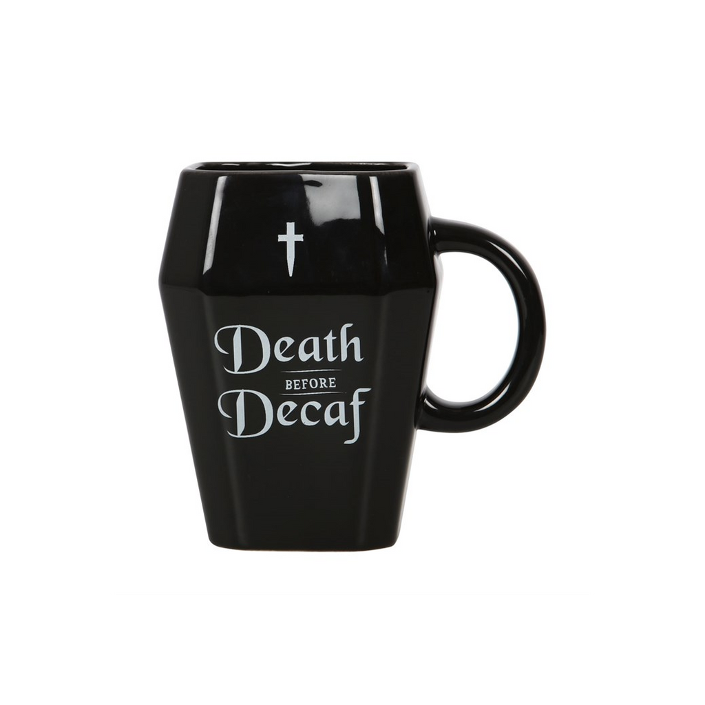 Death Before Decaf Coffin Mug